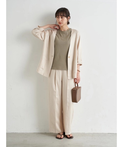 earth music&ecology（アースミュージックアンドエコロジー）の「【WEB限定】ジャケット+ワイドパンツSET ＊（ノーカラージャケット・レディース・ベージュ/ブラウン/アイボリー・FREE）」の5枚目の写真