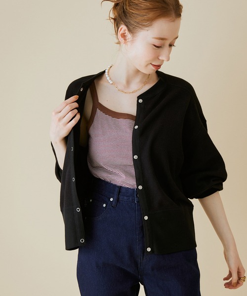 MADEMOISELLE ROPE'（マドモアゼル ロペ）の「【セット対応】ハニカムスナップボタンカーディガン（カーディガン/ボレロ・レディース・ブラック/オフホワイト/オレンジ・38）」の3枚目の写真