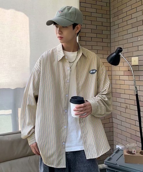 MGV（エムジーヴィー）の「ワンポイントシンプルストライプシャツ（シャツ/ブラウス・メンズ・ブルー/ベージュ/グリーン/グレー・X-LARGE/MEDIUM/LARGE）」の5枚目の写真