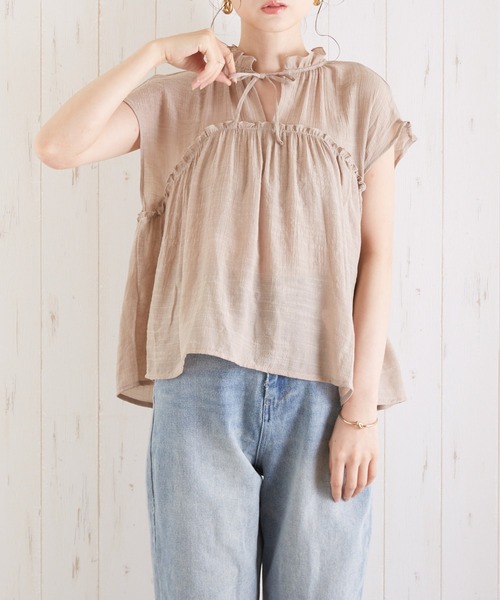 VIBGYOR（ヴィブジョー）の「スラブガーゼフレンチスリーブギャザーBL(AS)（シャツ/ブラウス・レディース・ホワイト/ラベンダー/グリーン/グレイッシュベージュ・FREE）」の3枚目の写真