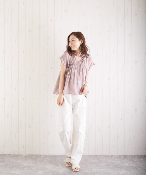VIBGYOR（ヴィブジョー）の「スラブガーゼフレンチスリーブギャザーBL(AS)（シャツ/ブラウス・レディース・ホワイト/ラベンダー/グリーン/グレイッシュベージュ・FREE）」の13枚目の写真
