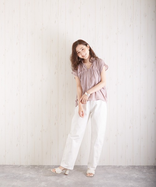 VIBGYOR（ヴィブジョー）の「スラブガーゼフレンチスリーブギャザーBL(AS)（シャツ/ブラウス・レディース・ホワイト/ラベンダー/グリーン/グレイッシュベージュ・FREE）」の12枚目の写真