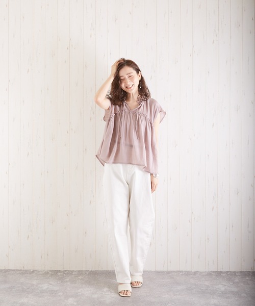 VIBGYOR（ヴィブジョー）の「スラブガーゼフレンチスリーブギャザーBL(AS)（シャツ/ブラウス・レディース・ホワイト/ラベンダー/グリーン/グレイッシュベージュ・FREE）」の11枚目の写真