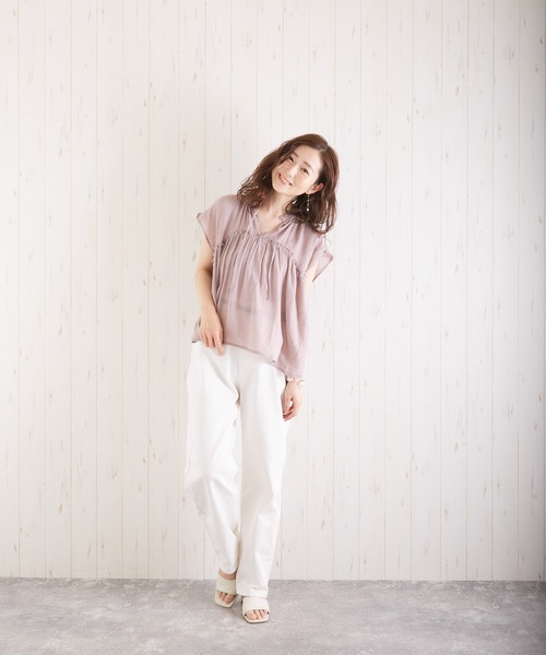 VIBGYOR（ヴィブジョー）の「スラブガーゼフレンチスリーブギャザーBL(AS)（シャツ/ブラウス・レディース・ホワイト/ラベンダー/グリーン/グレイッシュベージュ・FREE）」の10枚目の写真