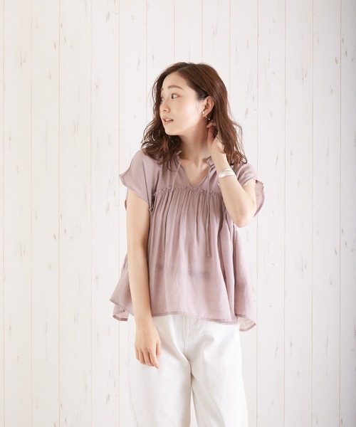 VIBGYOR（ヴィブジョー）の「スラブガーゼフレンチスリーブギャザーBL(AS)（シャツ/ブラウス・レディース・ホワイト/ラベンダー/グリーン/グレイッシュベージュ・FREE）」の8枚目の写真