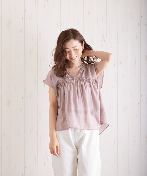 VIBGYOR（ヴィブジョー）の「スラブガーゼフレンチスリーブギャザーBL(AS)（シャツ/ブラウス・レディース・ホワイト/ラベンダー/グリーン/グレイッシュベージュ・FREE）」の7枚目の写真