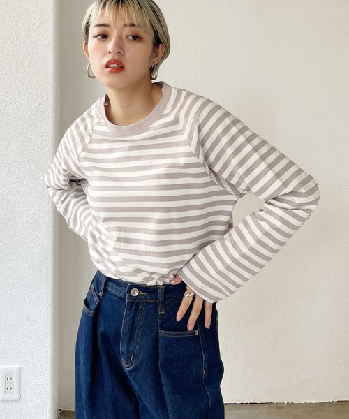 Shelly island（シェリーアイランド）の「ボーダーラグランロンTee（Tシャツ/カットソー・レディース・ブラック/ベージュ/グリーン・FREE）」の2枚目の写真