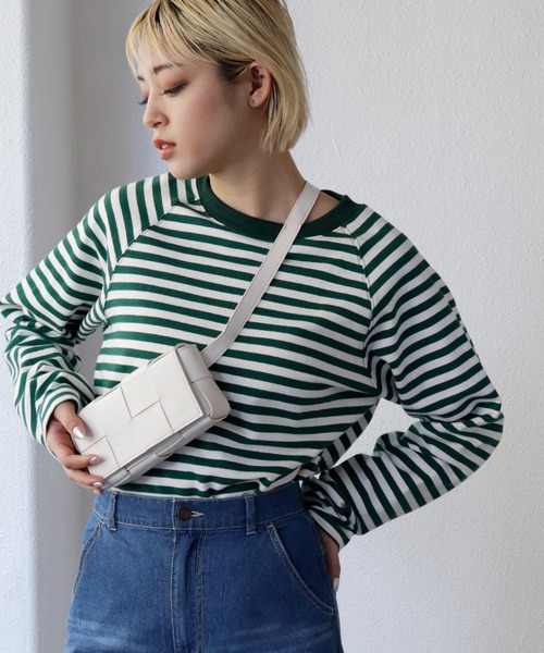 Shelly island（シェリーアイランド）の「ボーダーラグランロンTee（Tシャツ/カットソー・レディース・ブラック/ベージュ/グリーン・FREE）」の3枚目の写真