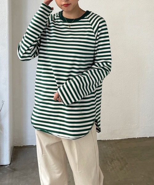 Shelly island（シェリーアイランド）の「ボーダーラグランロンTee（Tシャツ/カットソー・レディース・ブラック/ベージュ/グリーン・FREE）」の7枚目の写真