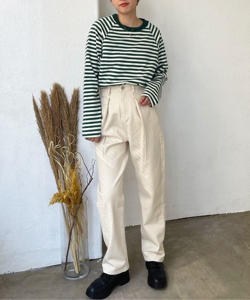 Shelly island（シェリーアイランド）の「ボーダーラグランロンTee（Tシャツ/カットソー・レディース・ブラック/ベージュ/グリーン・FREE）」の19枚目の写真