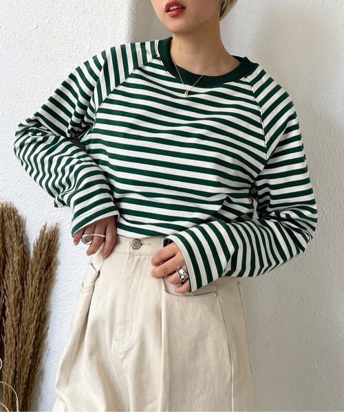 Shelly island（シェリーアイランド）の「ボーダーラグランロンTee（Tシャツ/カットソー・レディース・ブラック/ベージュ/グリーン・FREE）」の13枚目の写真