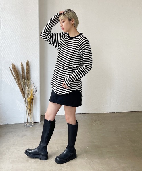 Shelly island（シェリーアイランド）の「ボーダーラグランロンTee（Tシャツ/カットソー・レディース・ブラック/ベージュ/グリーン・FREE）」の4枚目の写真