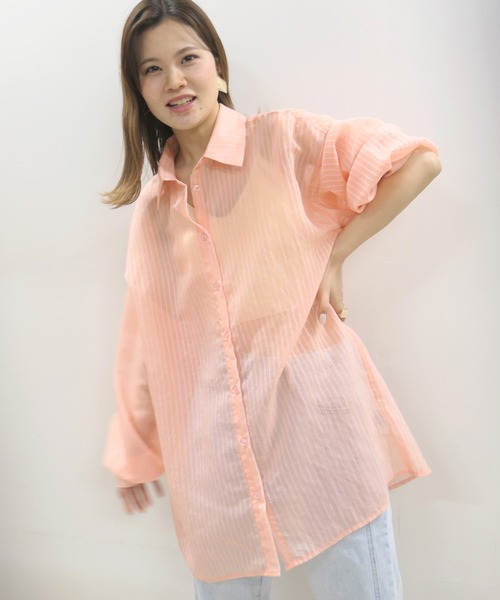 CORNERS（コーナーズ）の「シアーストライプオーバーサイズシャツ（シャツ/ブラウス・レディース・アイボリー/ブラック/ライム/ピンク・M）」の4枚目の写真