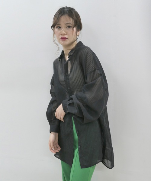 CORNERS（コーナーズ）の「シアーストライプオーバーサイズシャツ（シャツ/ブラウス・レディース・アイボリー/ブラック/ライム/ピンク・M）」の14枚目の写真