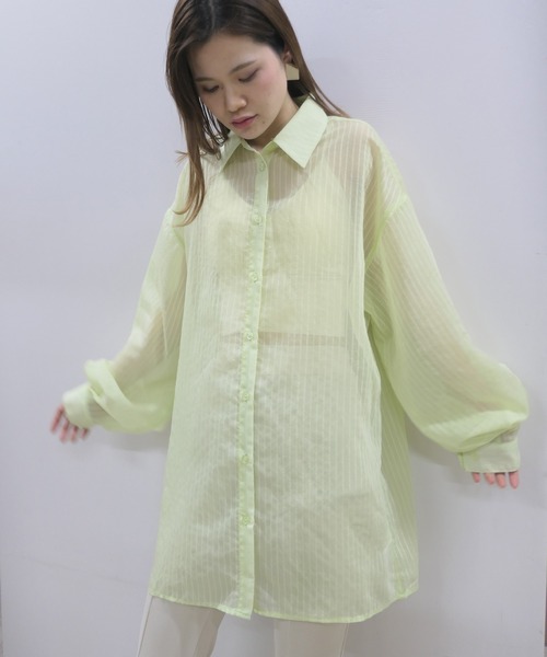 CORNERS（コーナーズ）の「シアーストライプオーバーサイズシャツ（シャツ/ブラウス・レディース・アイボリー/ブラック/ライム/ピンク・M）」の9枚目の写真