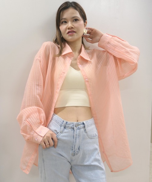 CORNERS（コーナーズ）の「シアーストライプオーバーサイズシャツ（シャツ/ブラウス・レディース・アイボリー/ブラック/ライム/ピンク・M）」の7枚目の写真
