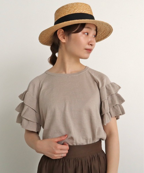 Malle(マル)の「●malle ラミー/コットン 袖フリフリサマーセーター(ニット/セーター・レディース・ネイビー/ベージュ/ライトグレー・FREE)」の2枚目の写真