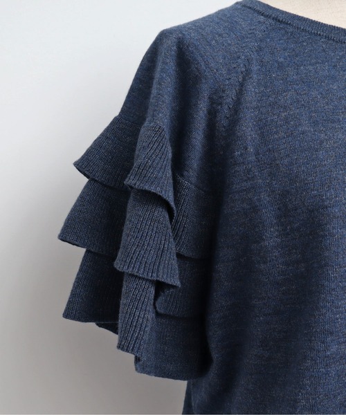 Malle(マル)の「●malle ラミー/コットン 袖フリフリサマーセーター(ニット/セーター・レディース・ネイビー/ベージュ/ライトグレー・FREE)」の6枚目の写真