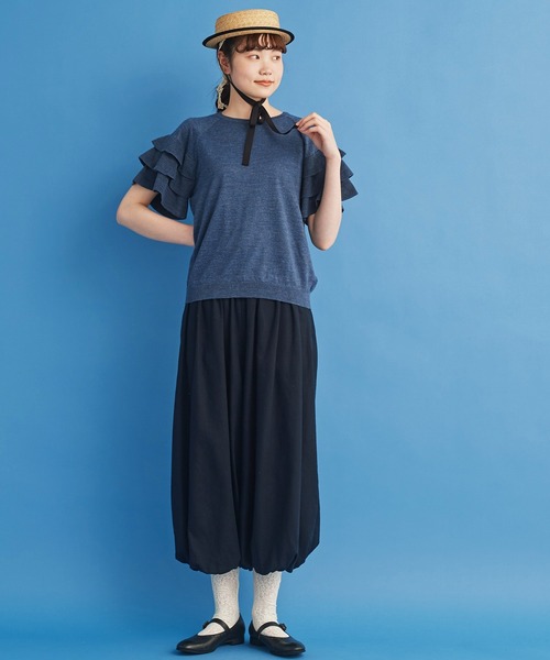 Malle(マル)の「●malle ラミー/コットン 袖フリフリサマーセーター(ニット/セーター・レディース・ネイビー/ベージュ/ライトグレー・FREE)」の9枚目の写真