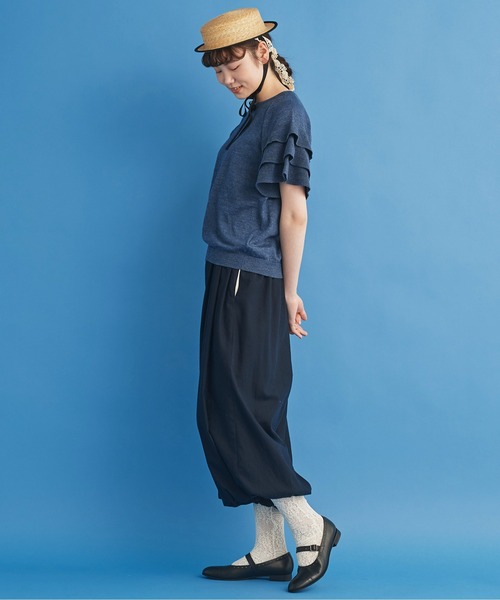 Malle(マル)の「●malle ラミー/コットン 袖フリフリサマーセーター(ニット/セーター・レディース・ネイビー/ベージュ/ライトグレー・FREE)」の14枚目の写真