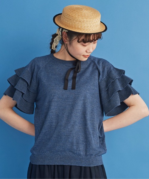 Malle(マル)の「●malle ラミー/コットン 袖フリフリサマーセーター(ニット/セーター・レディース・ネイビー/ベージュ/ライトグレー・FREE)」の20枚目の写真