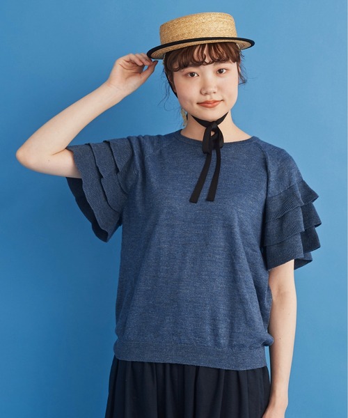 Malle(マル)の「●malle ラミー/コットン 袖フリフリサマーセーター(ニット/セーター・レディース・ネイビー/ベージュ/ライトグレー・FREE)」の10枚目の写真