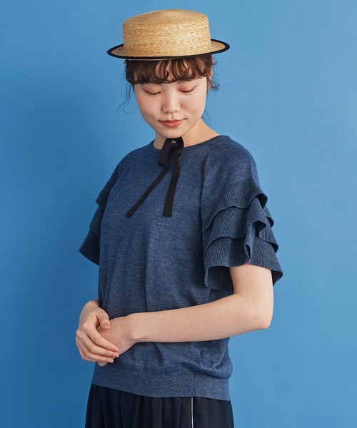 Malle(マル)の「●malle ラミー/コットン 袖フリフリサマーセーター(ニット/セーター・レディース・ネイビー/ベージュ/ライトグレー・FREE)」の12枚目の写真
