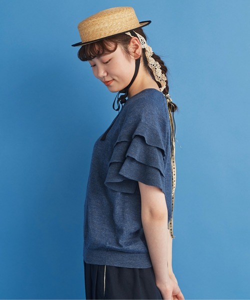 Malle(マル)の「●malle ラミー/コットン 袖フリフリサマーセーター(ニット/セーター・レディース・ネイビー/ベージュ/ライトグレー・FREE)」の13枚目の写真