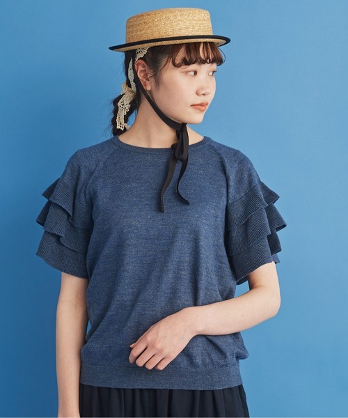 Malle(マル)の「●malle ラミー/コットン 袖フリフリサマーセーター(ニット/セーター・レディース・ネイビー/ベージュ/ライトグレー・FREE)」の18枚目の写真