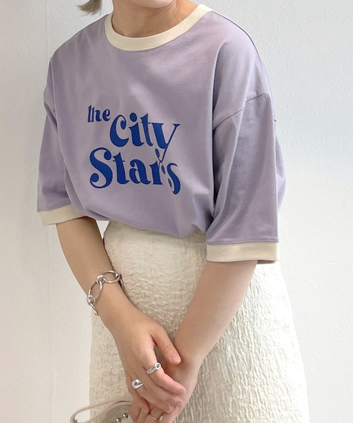 w closet(ダブルクローゼット)の「リンガーレトロTee(Tシャツ/カットソー・レディース・サックスブルー/スミクロ/グレイッシュベージュ/ラベンダー・FREE)」の4枚目の写真