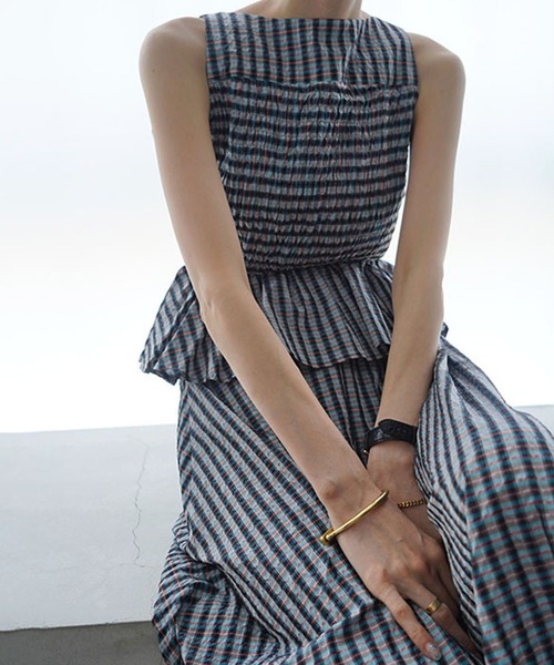 MECRE（メクル）の「シャーリングチェックワンピース（ワンピース・レディース・イエロー/ブルー・S/M）」の9枚目の写真