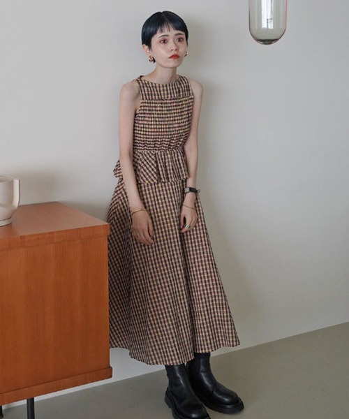 MECRE（メクル）の「シャーリングチェックワンピース（ワンピース・レディース・イエロー/ブルー・S/M）」の7枚目の写真