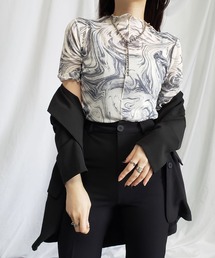 me+em select | 【 6色展開 /２WAY 】総柄マーブルシアー半袖メロートップス 《大人気マーブルトップスに半袖バージョンが登場！ 》(Tシャツ/カットソー)