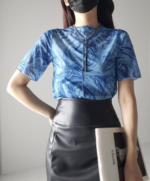 ※※【 7色展開 /2WAY 】総柄マーブルシアー半袖メロートップス 《マーブルトップスに半袖バージョンが登場! 》