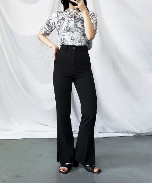 me+em select（ミームセレクト）の「※※【 ７色展開 /２WAY 】総柄マーブルシアー半袖メロートップス 《マーブルトップスに半袖バージョンが登場！ 》（Tシャツ/カットソー・レディース・チャコールグレー/パープル/グレー/オレンジ/グリーン/ミント/ブルー・MEDIUM/LARGE/SMALL）」の15枚目の写真