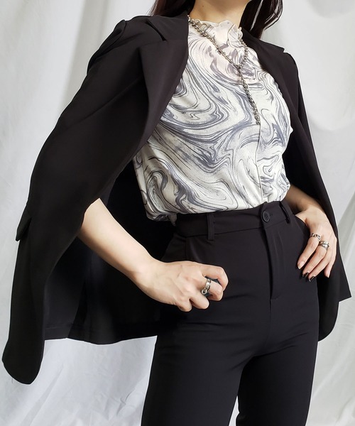 me+em select（ミームセレクト）の「※※【 ７色展開 /２WAY 】総柄マーブルシアー半袖メロートップス 《マーブルトップスに半袖バージョンが登場！ 》（Tシャツ/カットソー・レディース・チャコールグレー/パープル/グレー/オレンジ/グリーン/ミント/ブルー・MEDIUM/LARGE/SMALL）」の14枚目の写真