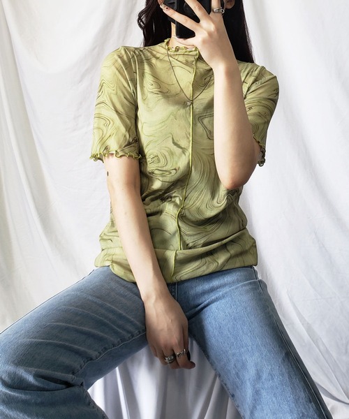 mediam 中場 マーブル模様 半袖Tシャツ グリーン （楽天市場