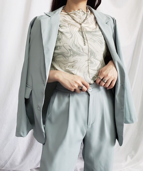 me+em select（ミームセレクト）の「※※【 ７色展開 /２WAY 】総柄マーブルシアー半袖メロートップス 《マーブルトップスに半袖バージョンが登場！ 》（Tシャツ/カットソー・レディース・チャコールグレー/パープル/グレー/オレンジ/グリーン/ミント/ブルー・MEDIUM/LARGE/SMALL）」の20枚目の写真