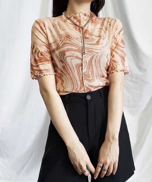 マメ クロゴウチ　マーブル シアートップス　半袖　新品未着用 レディース】Marble Printed Plaid Sheer Crew Neck Top | Mame