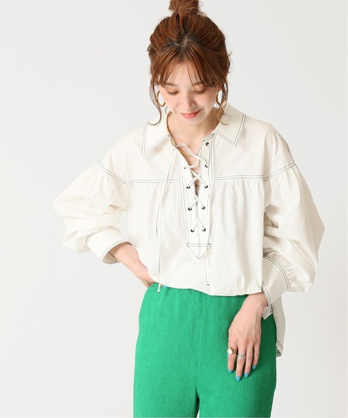 B.C STOCK（ベーセーストック）の「レースアップブラウス（シャツ/ブラウス・レディース・ホワイト/ブラック/グリーン・FREE）」の4枚目の写真