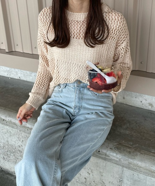 LE MORE（リモア）の「メッシュデザインニットプルオーバー（ニット/セーター・レディース・ブラック/ベージュ/アイボリー・FREE）」の3枚目の写真