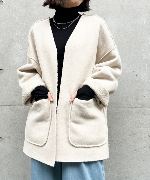 Meli rich（メリーリッチ）の「【リバーシブル】プードルボアノーカラージャケット（ノーカラージャケット・レディース・ブラック/カーキ/アイボリー/モカ/グレー/ライトベージュ/ブラック系その他・MEDIUM）」の8枚目の写真