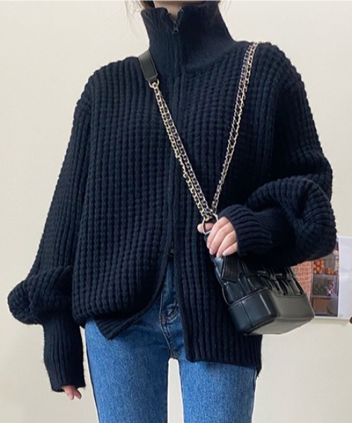 Vipoa（ヴィポア）の「スタンドカラーダブルジップワッフルニットブルゾン（カーディガン/ボレロ・レディース・ホワイト/ブラック・FREE）」の11枚目の写真