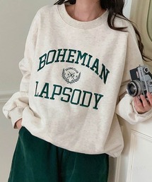 Dalfwin | 2023新作  韓国ファッション スウェット レディース　裏起毛あり　BOHEMIAN刺繍ロゴスウェット トレーナー　オーバーサイズ ビッグシルエット 2023SS 春新作(スウェット)