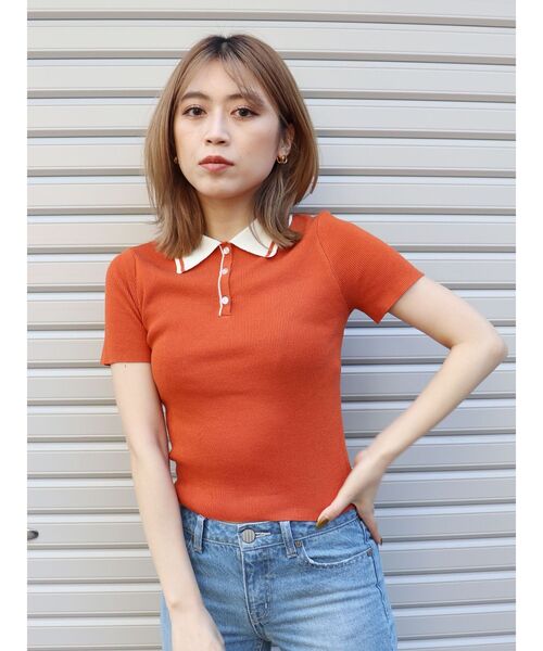 MURUA（ムルーア）の「ヘムラインニットポロシャツ（ポロシャツ・レディース・ブラック/オレンジ・FREE）」の6枚目の写真