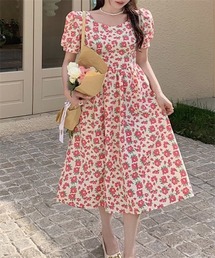 ウエストベルト 花柄フレアワンピース