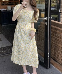 ウエストベルト 花柄フレアワンピース