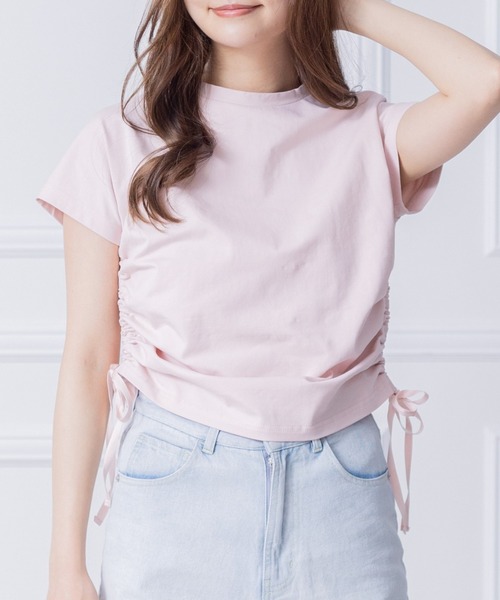 clear(クリア)の「サイドドロストリボン半袖トップス (Tシャツ/カットソー・レディース・ブラック/オフホワイト/ピンク・F)」の3枚目の写真