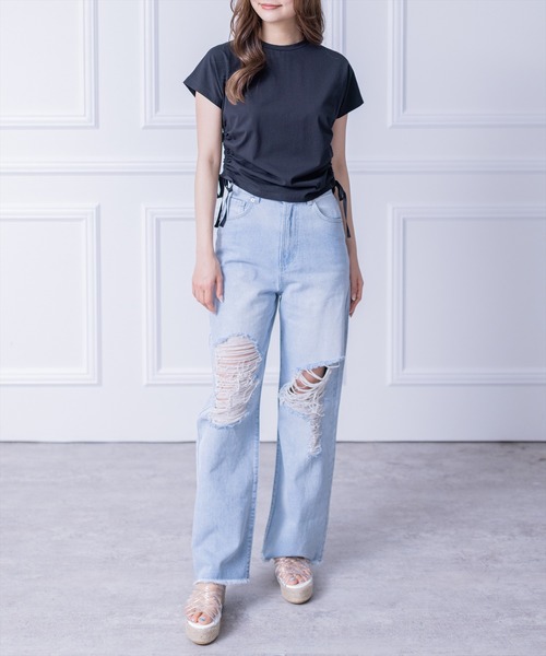 clear(クリア)の「サイドドロストリボン半袖トップス (Tシャツ/カットソー・レディース・ブラック/オフホワイト/ピンク・F)」の17枚目の写真