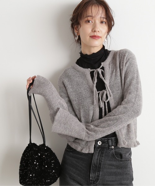 N.（N. Natural Beauty Basic）（エヌエヌナチュラルビューティーベーシック）の「◆フロントリボンニットカーディガン（カーディガン/ボレロ・レディース・レッド/ホワイト×ブラック/グレー・MEDIUM）」の2枚目の写真